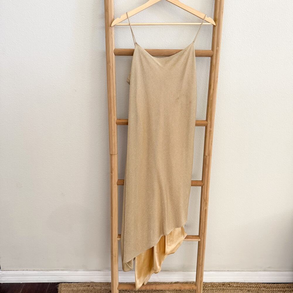 Vintage Positive Attitude Petite Gold Metallic Slip Dress 10 Asymmetrical Y2K